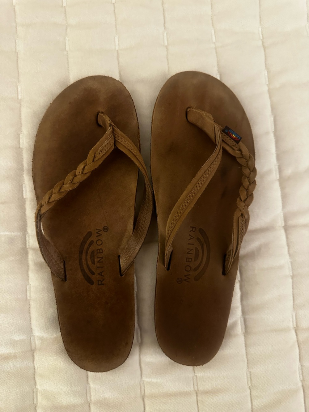 Rainbow Brown Braided Leather Flip Sandals